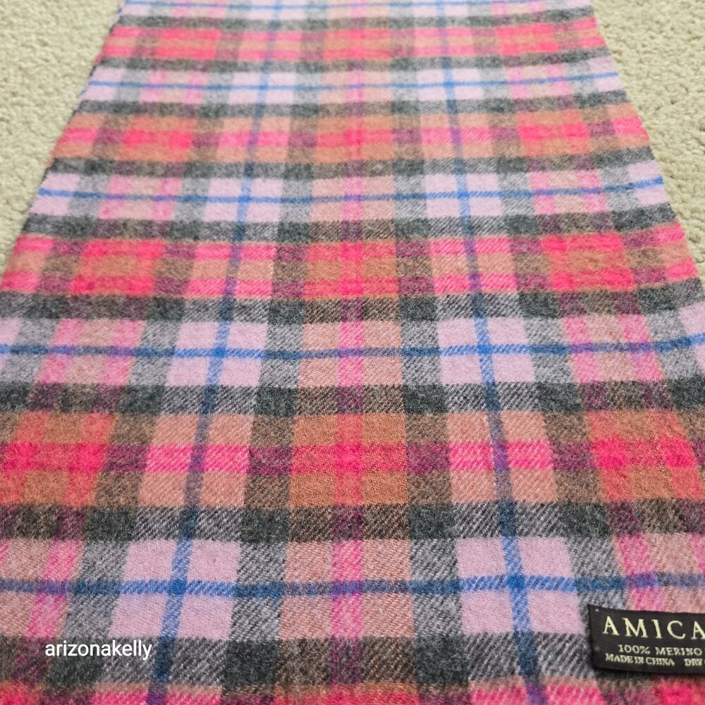 NWOT Amicale 100% Merino Wool Pink Plaid Scarf - Picture 7 of 8
